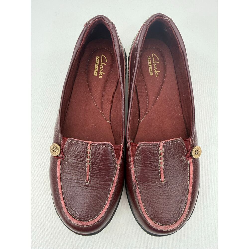 Clarks Burgundy Leather Loafers‎ Button Detail Comfort Flats 6.5W Lagenlook